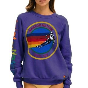 Aviator Nation Purple Crewneck Sweatshirt with Rainbow Ski Graphic